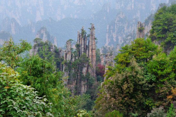 晚上睡的早,早晨醒的也很早,首先关心的是天气,雨停了,但天空阴阴的,气温下降了不少,好在我们衣服带的多。提前联系好的,张家界剑桥俱乐部导游陈侨一早就在就在旅店大厅等我们了,旅馆门口有一家面条和粉条店,是一个老奶奶带了儿子和媳妇打理的,一碗面条(或粉条)6元,自己选择加卤,有肉丝、大肠、肺片、什锦辣酱等等,有八个品种,不辣的只有肉丝。一大早就开门了,要了二碗面条,卤量多,味道很好,价廉物美。早饭后在马路对面坐公交车去天门山索道下站,在邻近火车站的官黎坪下车,步行5分钟,就到索道站。索道站很大,也现代化,入