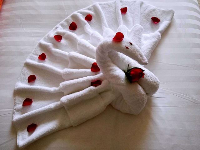 充满创造力的客房服务员则用浴巾在床上折叠