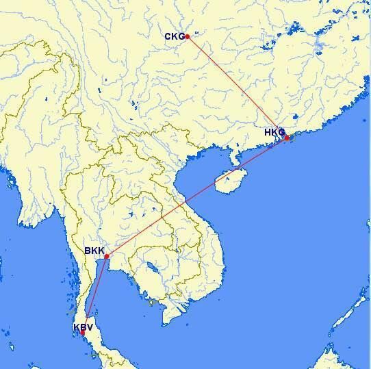本次路线图  重庆~香港~曼谷~甲米 重庆江北国际机场